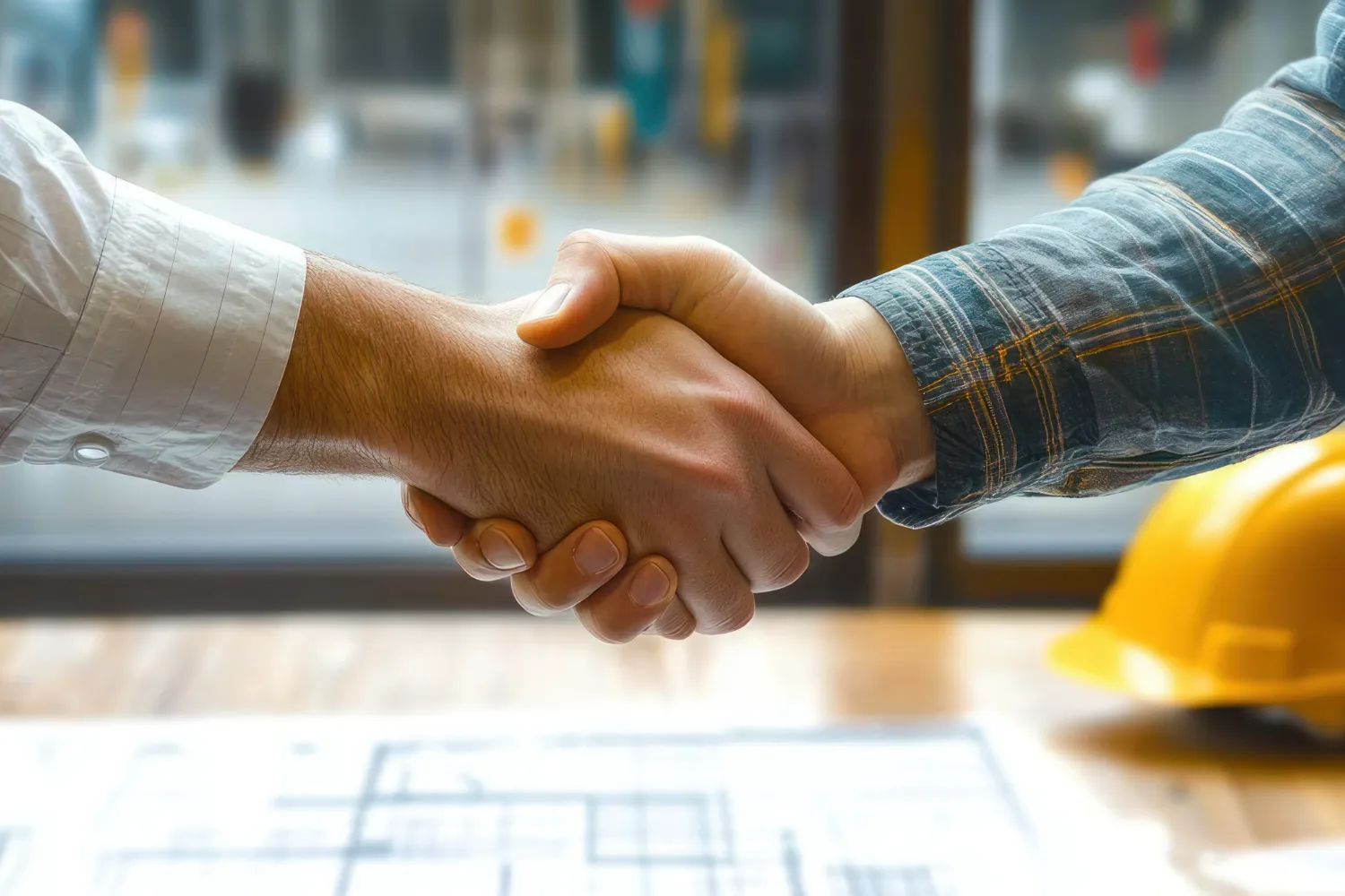 designer and contractor shaking hands over blueprints