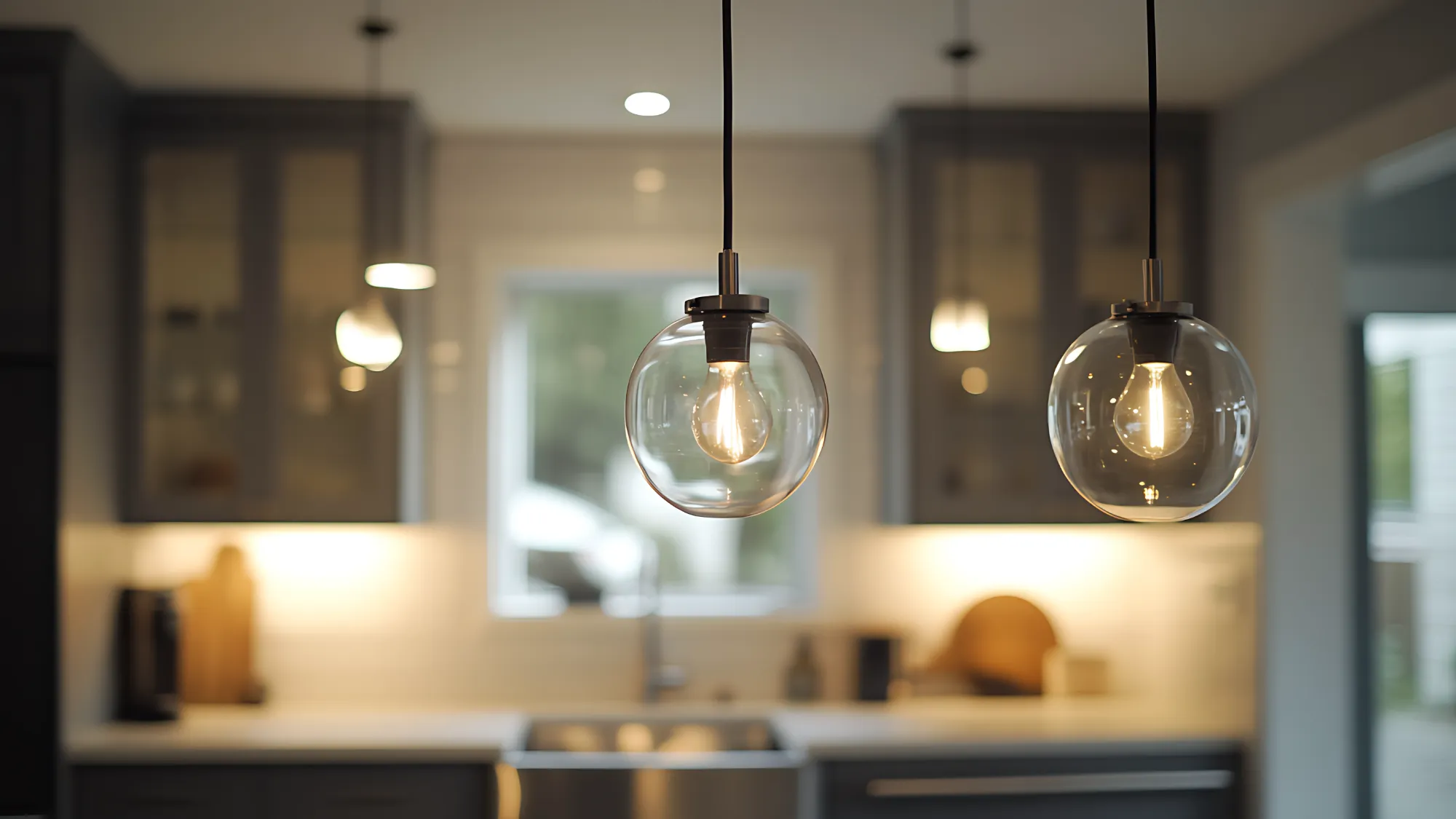 round globe glass pendant lights in front of blurred kitchen background