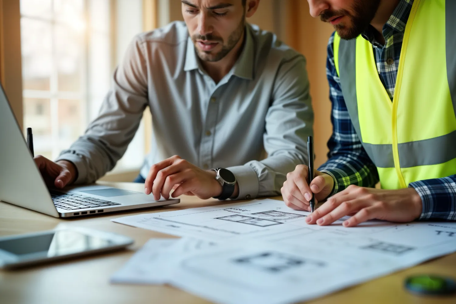 designer and contractor working closely together on desk with computer and blueprints