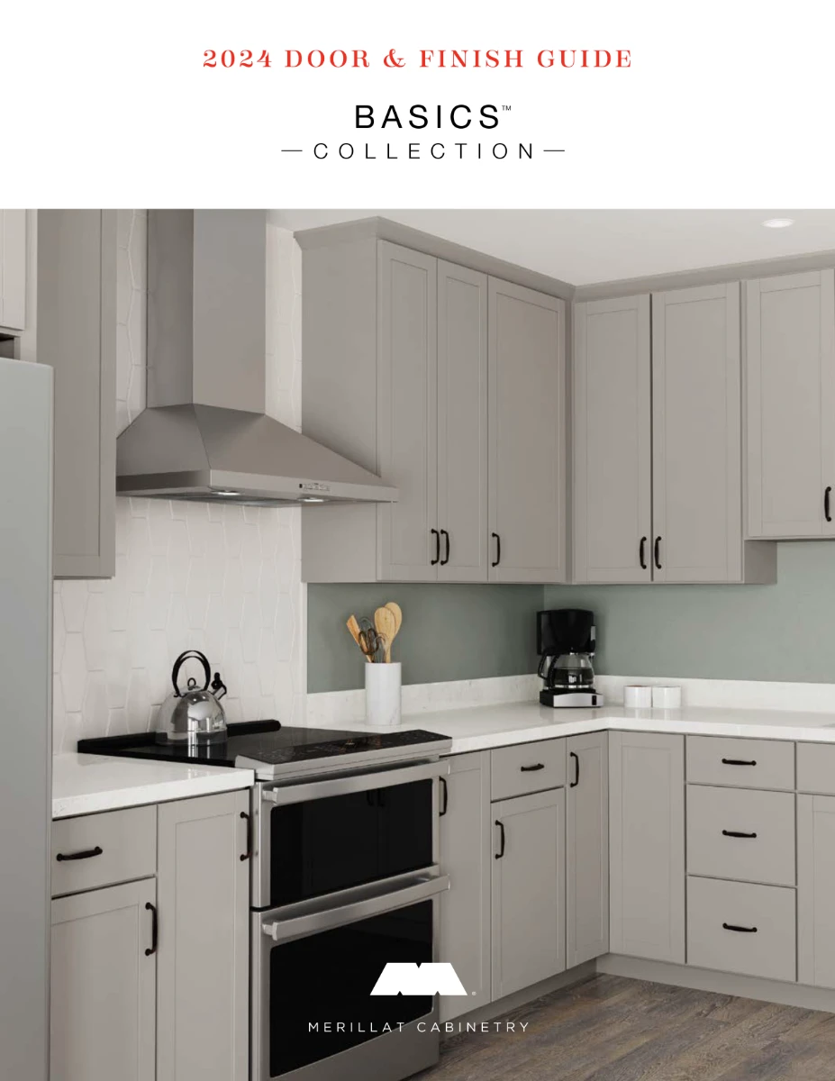 Merillat Cabinetry 2024 Door & Finish Guide Basics Collection brochure cover with modern, gray cabinets in a kitchen