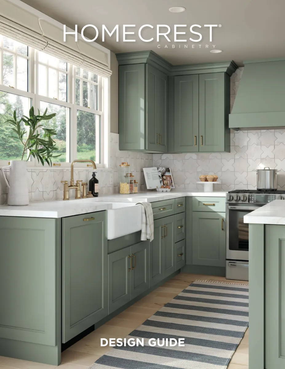 Homecrest Cabinetry brochure cover with sage green cabinets in a beautifully designed kitchen