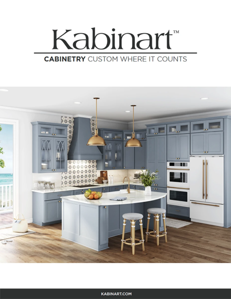 Kabinart Cabinetry brochure with light blue kitchen cabinets in a seaside house