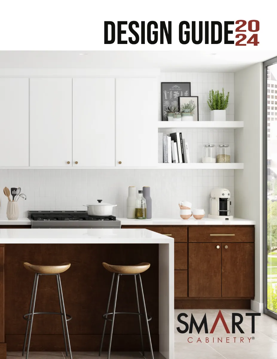 Smart Cabinetry Design Guide 2024 brochure cover with modern white upper cabinets and wood lower cabinets