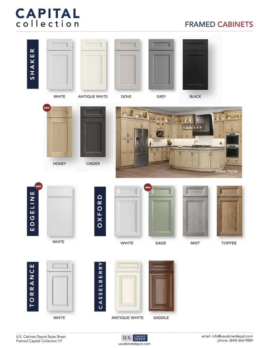 U.S. Cabinet Depot Capital Collection cabinet brochure cover featuring cabinet styles from the Shaker, Edgeline, Oxford, Torrance, and Casselberry collections