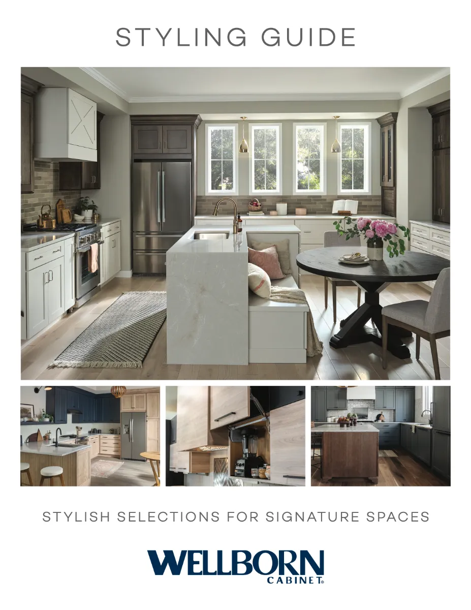 Wellborn Cabinet Styling Guide featuring 4 kitchen photos with cabinet features in white, blue, and wood colors