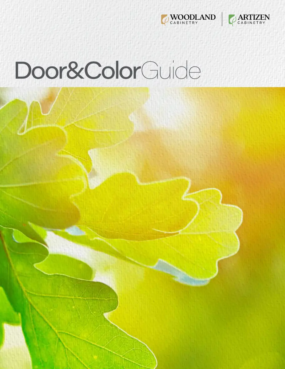 Woodland Cabinetry & Artizen Cabinetry Door & Color Guide brochure cover with leaves in sunlight imagery
