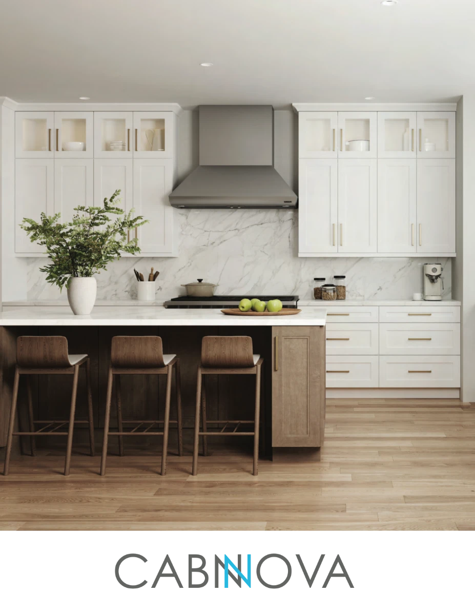 The cover of a Cabnova brochure with a stylish kitchen with bright white cabinets, a marble backsplash, and a large stainless steel hood. The wooden island features three stools and a vase of fresh greenery.